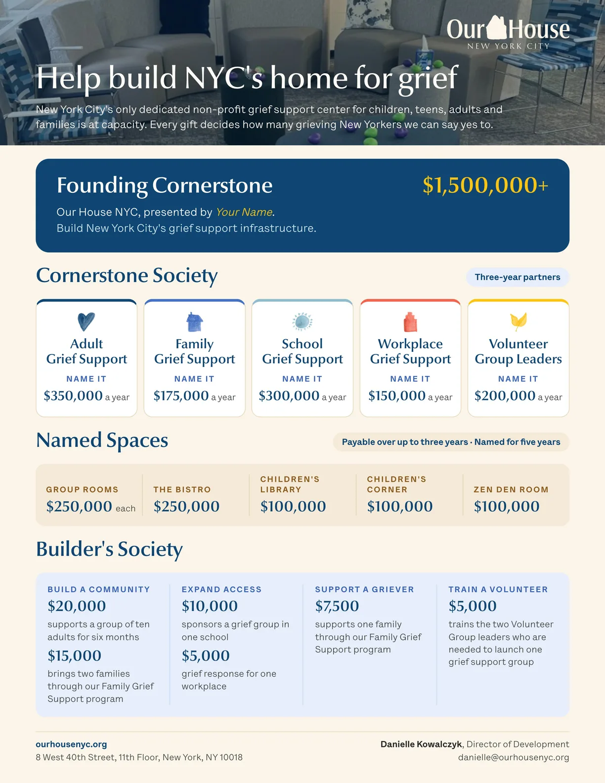 Page 1: Help build NYC's home for grief. Overview of Founding Cornerstone, the Cornerstone Society, Named Spaces and the Builder's Society.
